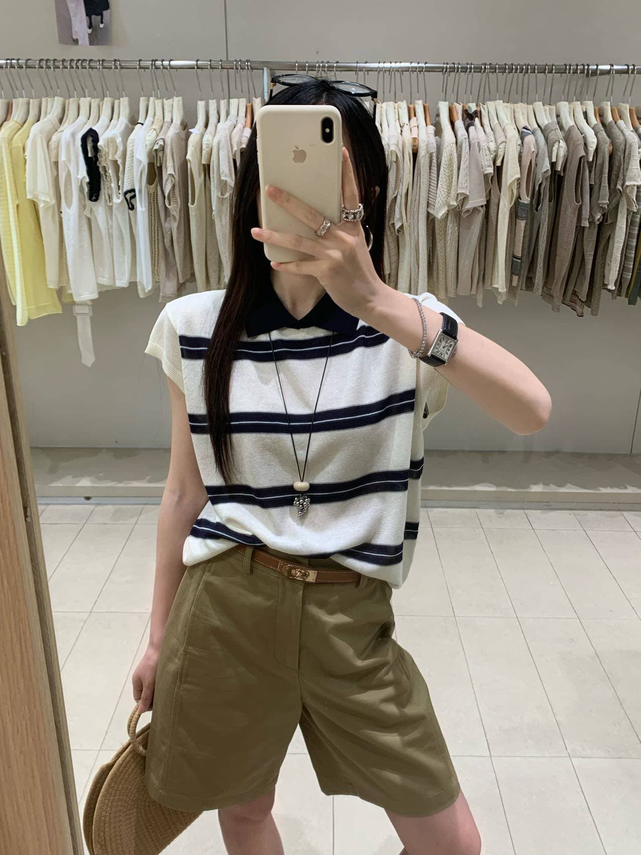 한 부서 배색 POLO 칼라 스트라이프 작은 날다 소매 짠 셔츠 여성 여름 학원 스타일 품격 다용도 얇은 스타일 맨위 트렌디 상세 이미지 12