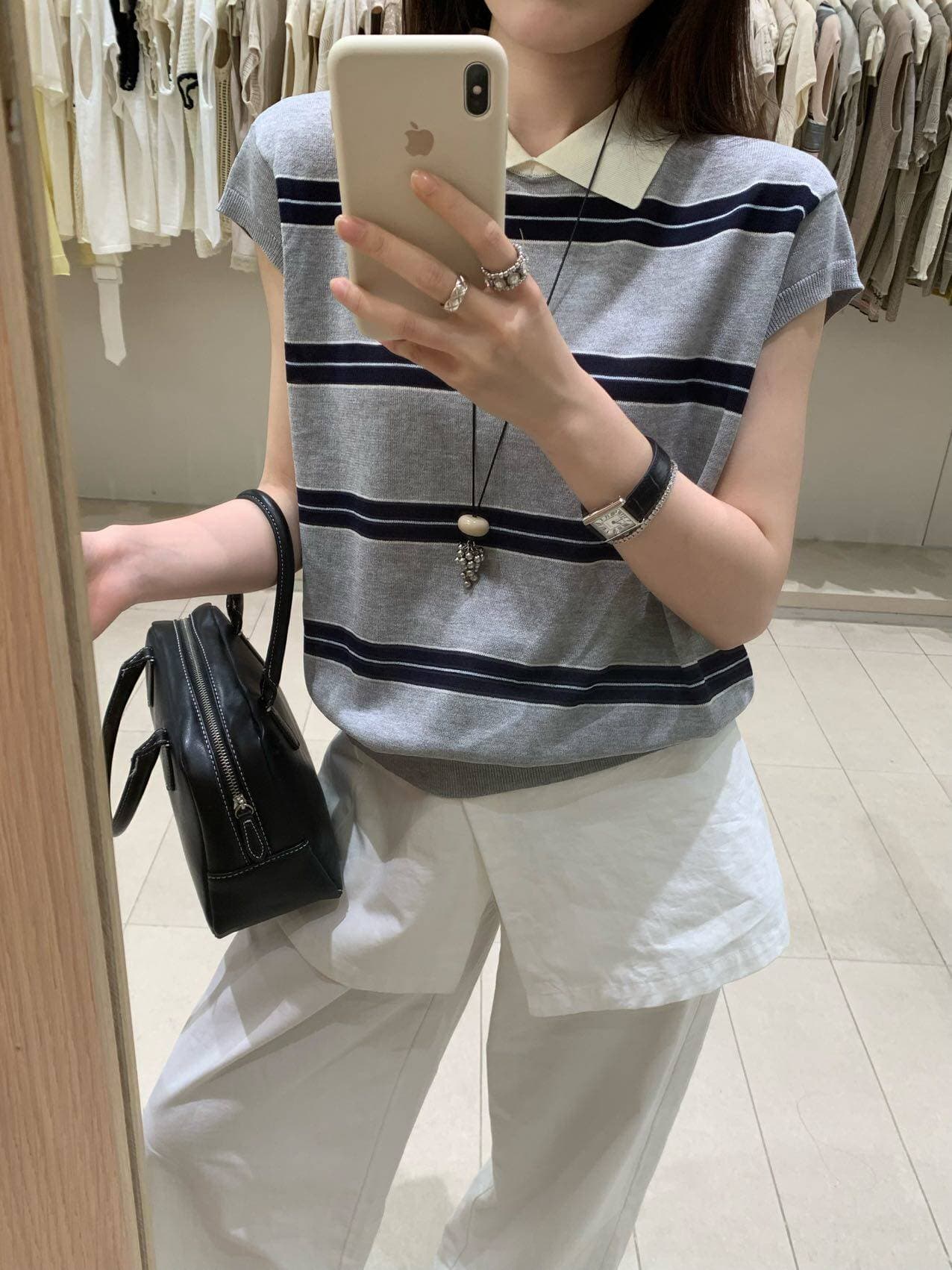 한 부서 배색 POLO 칼라 스트라이프 작은 날다 소매 짠 셔츠 여성 여름 학원 스타일 품격 다용도 얇은 스타일 맨위 트렌디 상세 이미지 14