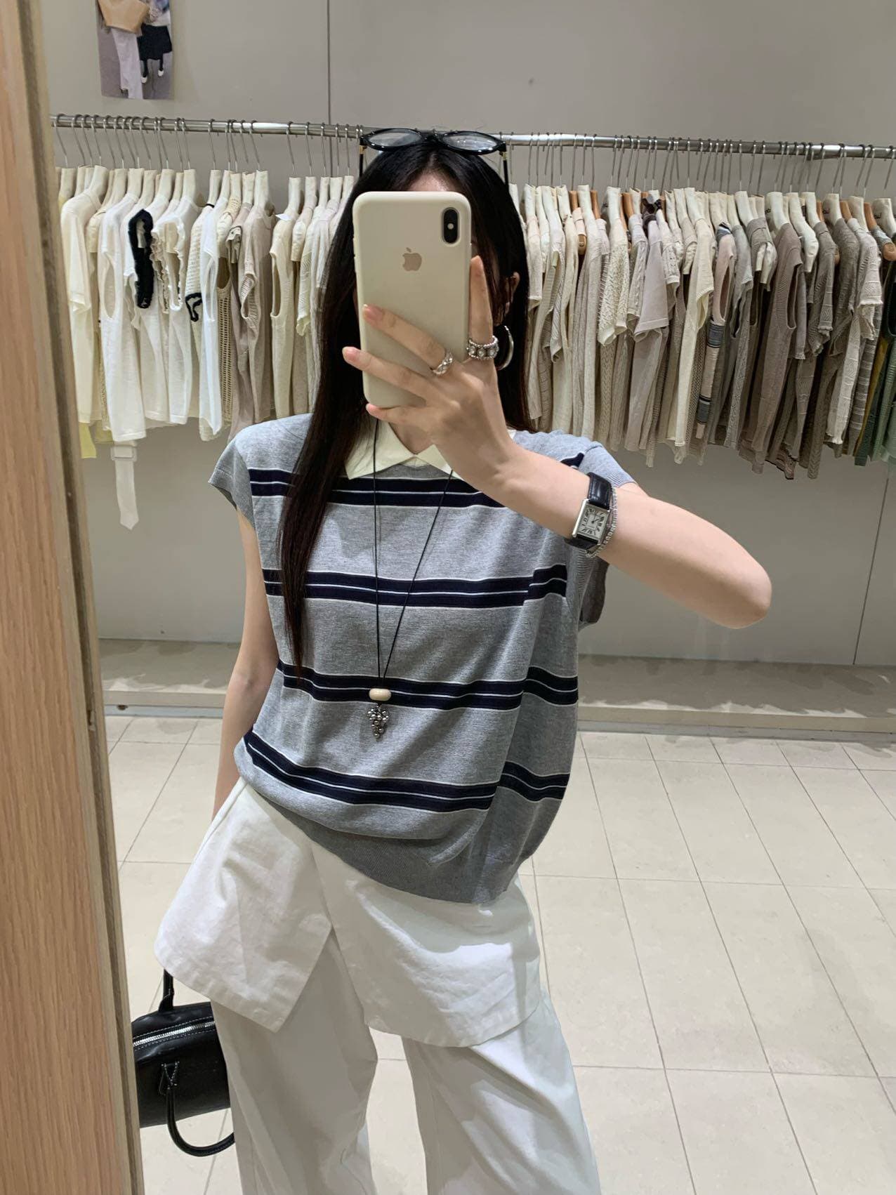 한 부서 배색 POLO 칼라 스트라이프 작은 날다 소매 짠 셔츠 여성 여름 학원 스타일 품격 다용도 얇은 스타일 맨위 트렌디 상세 이미지 15