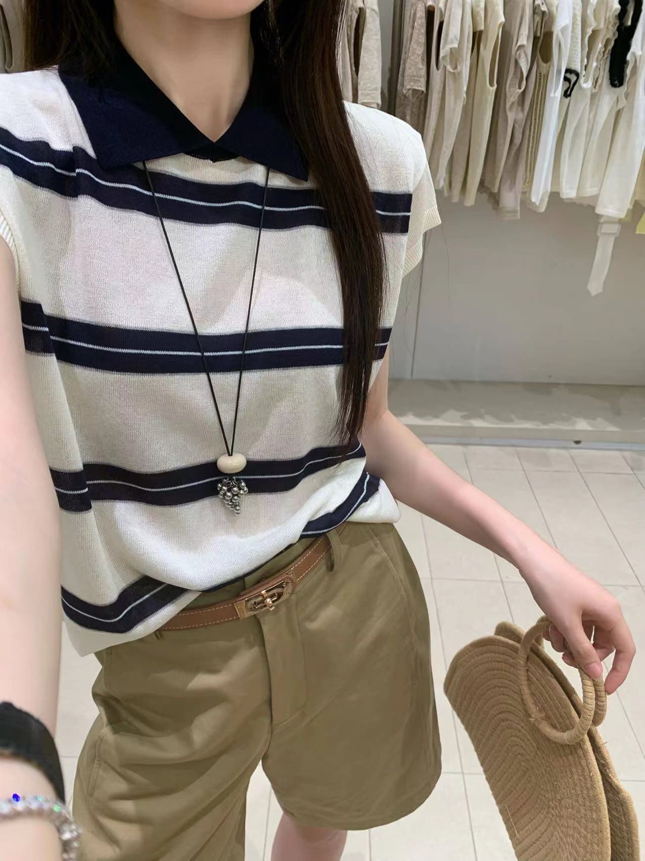한 부서 배색 POLO 칼라 스트라이프 작은 날다 소매 짠 셔츠 여성 여름 학원 스타일 품격 다용도 얇은 스타일 맨위 트렌디 상세 이미지 20