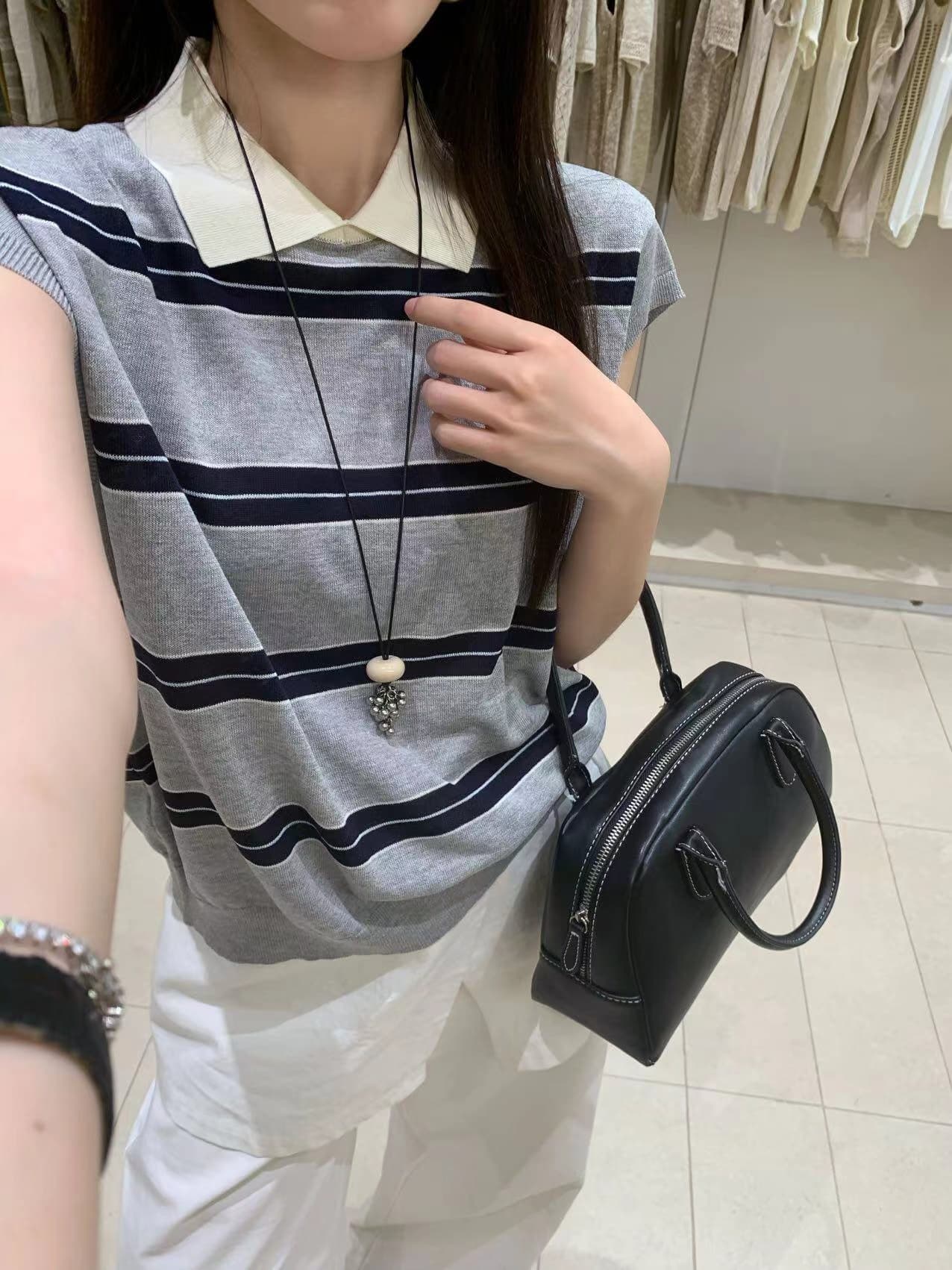한 부서 배색 POLO 칼라 스트라이프 작은 날다 소매 짠 셔츠 여성 여름 학원 스타일 품격 다용도 얇은 스타일 맨위 트렌디 상세 이미지 22