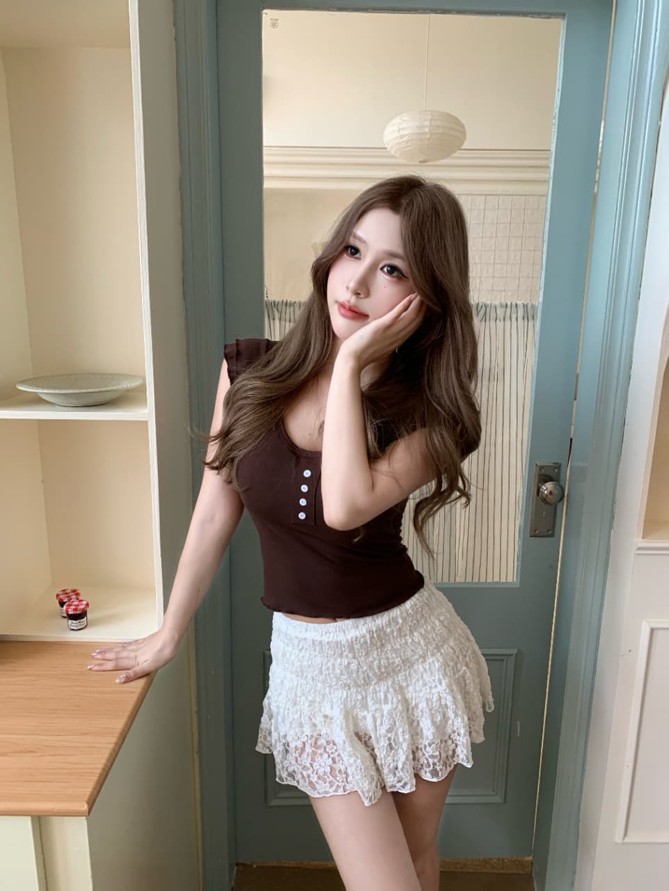 작은 대중 디자인 센스 꼬집기 허리 슬림해 보이는 단추 연꽃 잎 소매 반팔 벨트 가슴 패드 상세 이미지 7