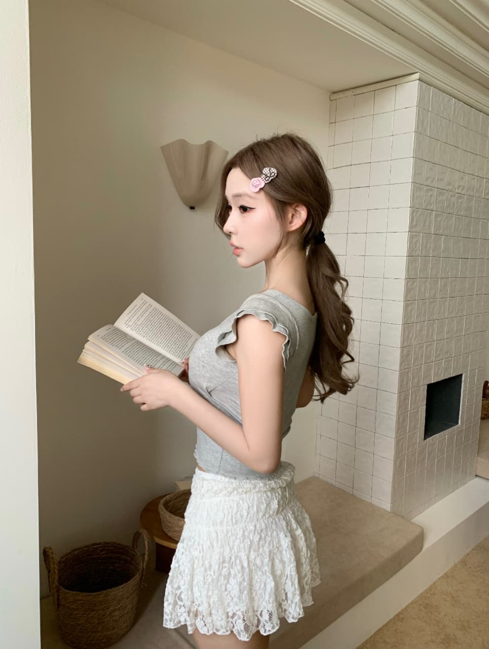 작은 대중 디자인 센스 꼬집기 허리 슬림해 보이는 단추 연꽃 잎 소매 반팔 벨트 가슴 패드 상세 이미지 12