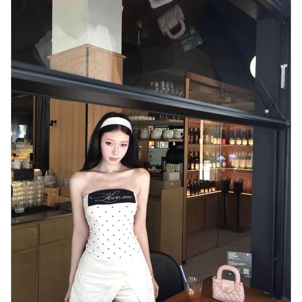 새로운 작은 대중 핫걸 고급 바람 도트 무늬 슬립 여성 허리 수축 여름 몸매 가꾸기 슬림해 보이는 벨트 가슴 패드 인사이드 가져 가라. 튜브탑 이미지 5