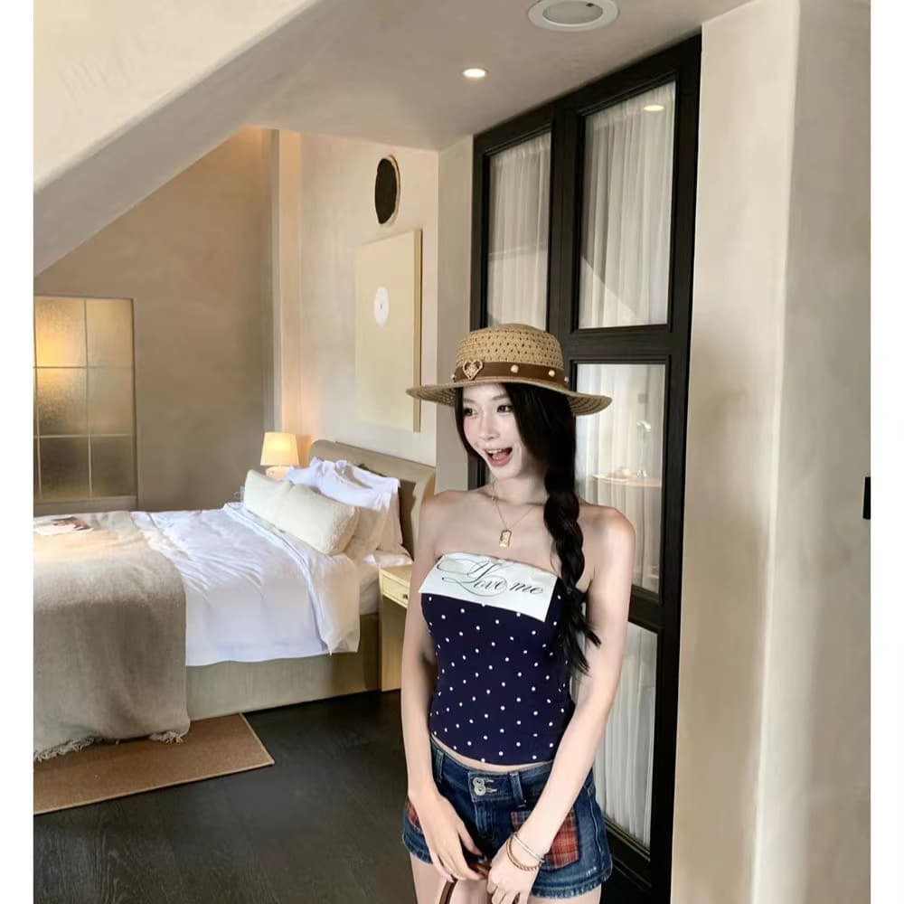 새로운 작은 대중 핫걸 고급 바람 도트 무늬 슬립 여성 허리 수축 여름 몸매 가꾸기 슬림해 보이는 벨트 가슴 패드 인사이드 가져 가라. 튜브탑 상세 이미지 2
