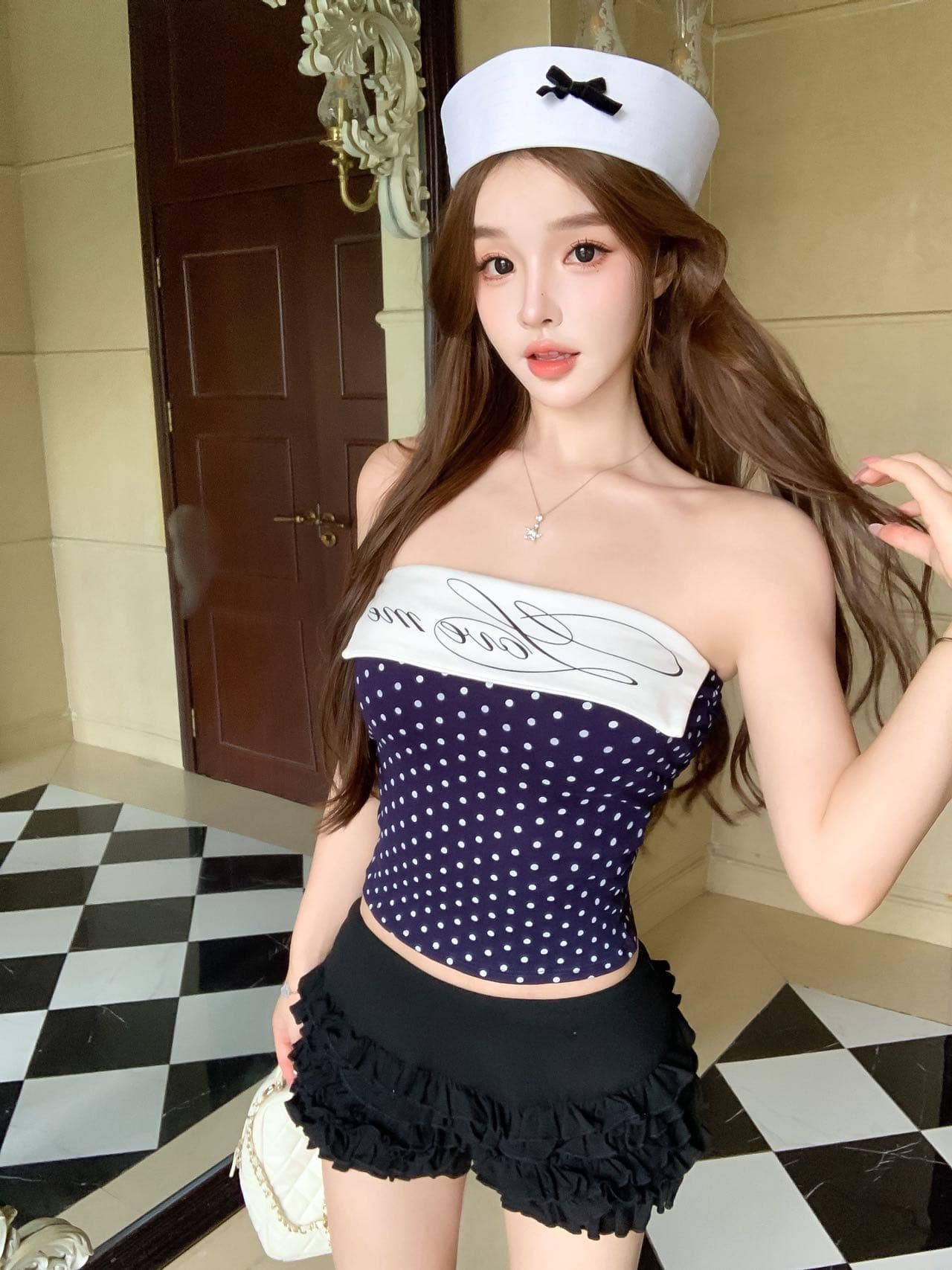 새로운 작은 대중 핫걸 고급 바람 도트 무늬 슬립 여성 허리 수축 여름 몸매 가꾸기 슬림해 보이는 벨트 가슴 패드 인사이드 가져 가라. 튜브탑 상세 이미지 13