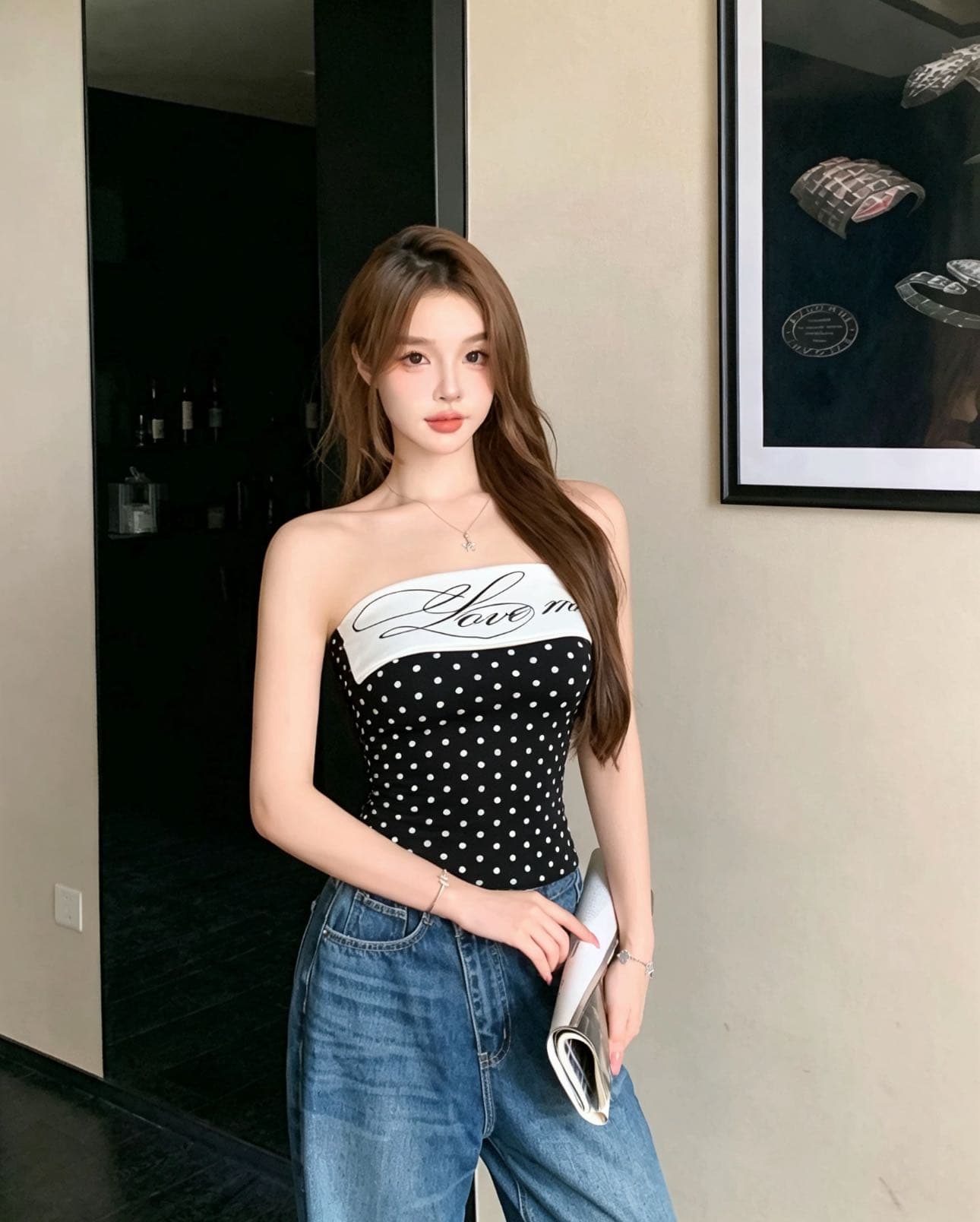 새로운 작은 대중 핫걸 고급 바람 도트 무늬 슬립 여성 허리 수축 여름 몸매 가꾸기 슬림해 보이는 벨트 가슴 패드 인사이드 가져 가라. 튜브탑 상세 이미지 15