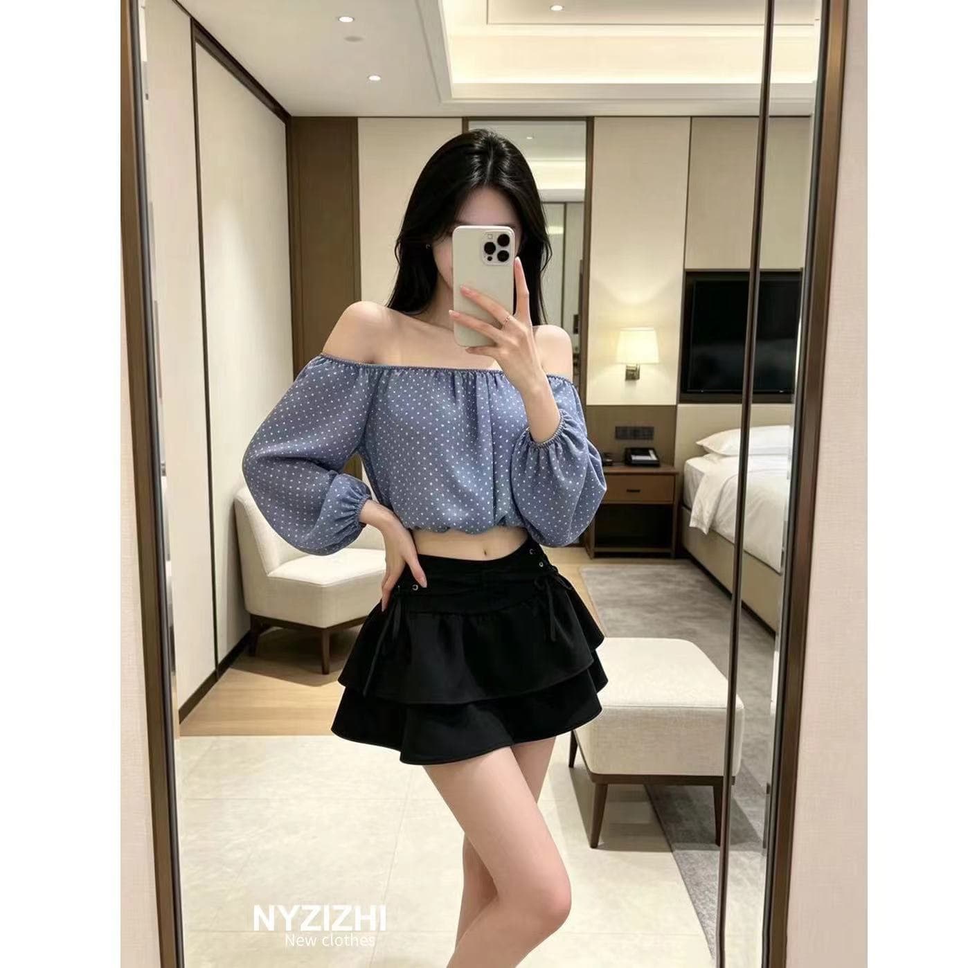 순수한 욕망 파란색 도트 무늬 오프숄더 긴팔 맨위 세트 여성 핫걸 스트랩 이중층 케이크 미니 스커트 투피스 세트 이미지 2