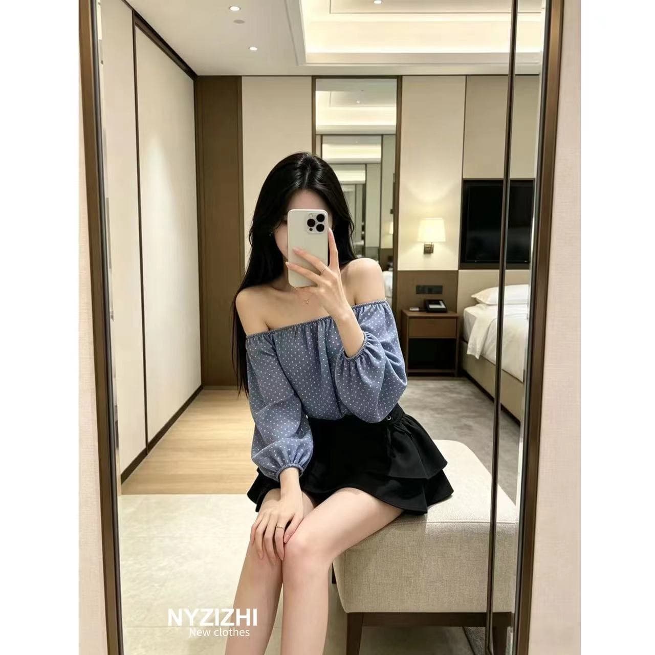 순수한 욕망 파란색 도트 무늬 오프숄더 긴팔 맨위 세트 여성 핫걸 스트랩 이중층 케이크 미니 스커트 투피스 세트 상세 이미지 4