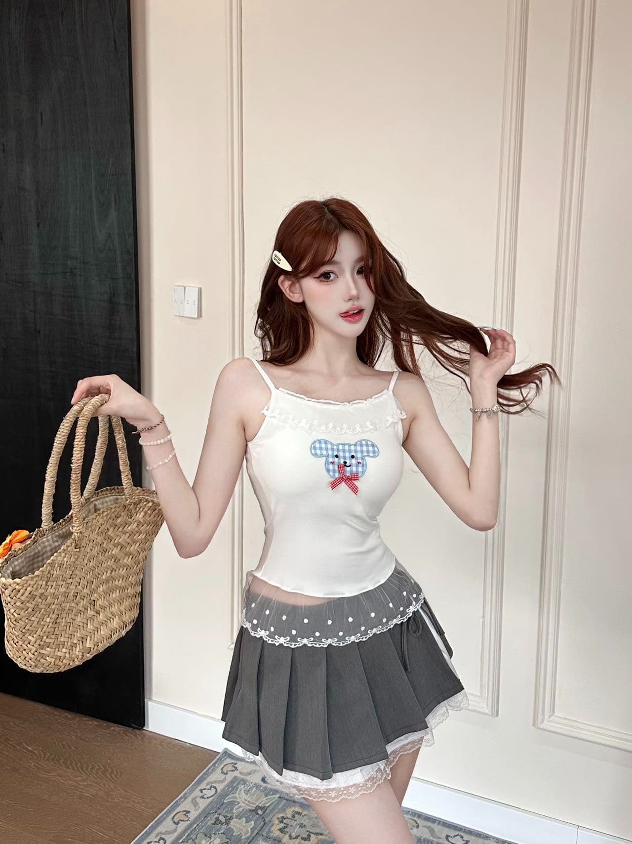 새로운 작은 대중 핫걸 k 만화 프린트 슬립 여성 허리 수축 여름 몸매 가꾸기 슬림해 보이는 벨트 가슴 패드 인사이드 가져 가라. 튜브탑 상세 이미지 10