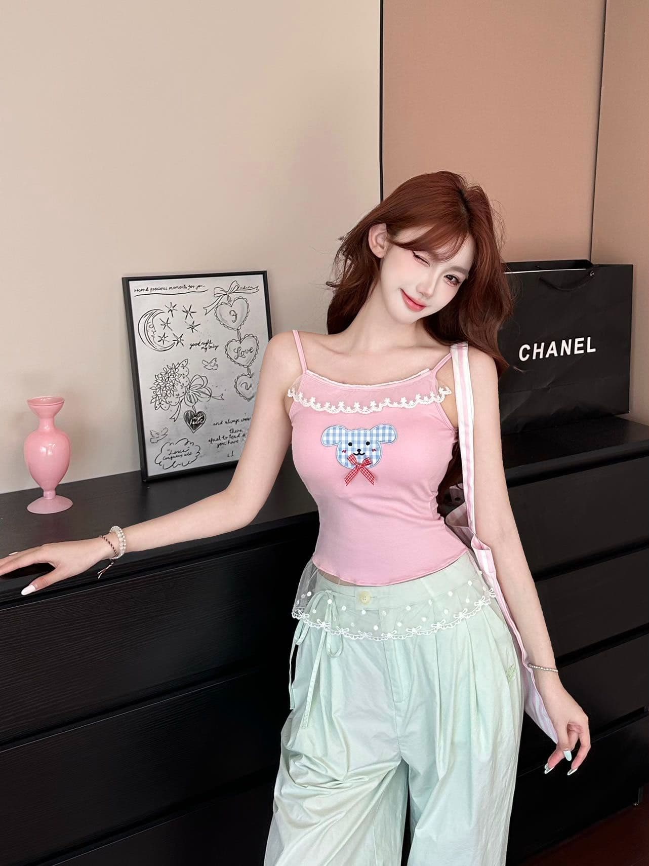 새로운 작은 대중 핫걸 k 만화 프린트 슬립 여성 허리 수축 여름 몸매 가꾸기 슬림해 보이는 벨트 가슴 패드 인사이드 가져 가라. 튜브탑 상세 이미지 22