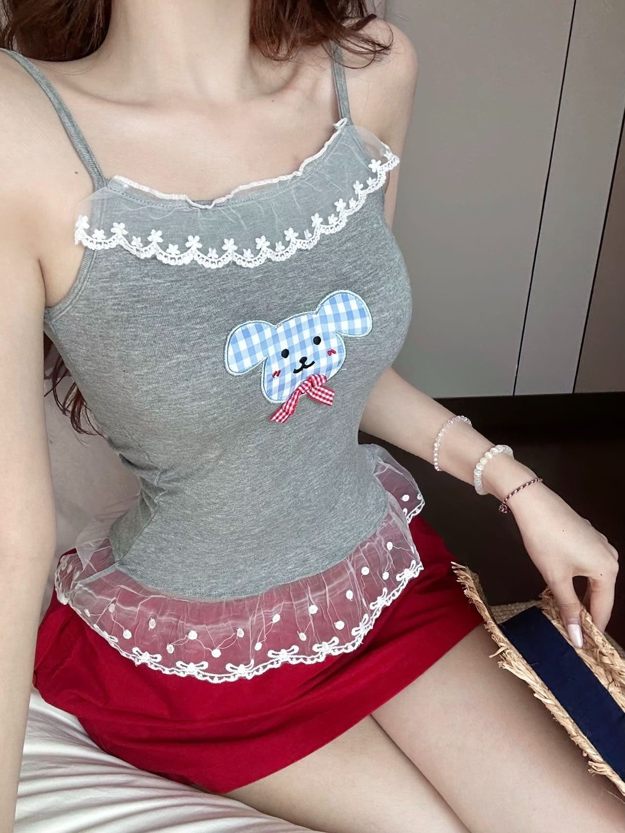 새로운 작은 대중 핫걸 k 만화 프린트 슬립 여성 허리 수축 여름 몸매 가꾸기 슬림해 보이는 벨트 가슴 패드 인사이드 가져 가라. 튜브탑 상세 이미지 33