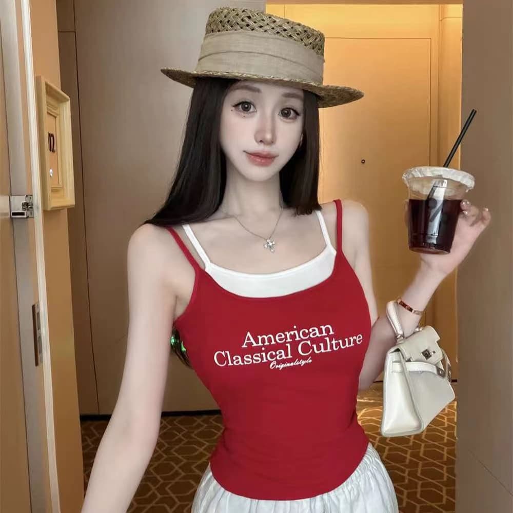 아메리칸 레트로 알파벳 페이크 레이어드 캐미솔 여름 2026 새로운 쇼트 스타일 작은 대중 몸매 가꾸기 연령 감소 맨위 상세 이미지 3