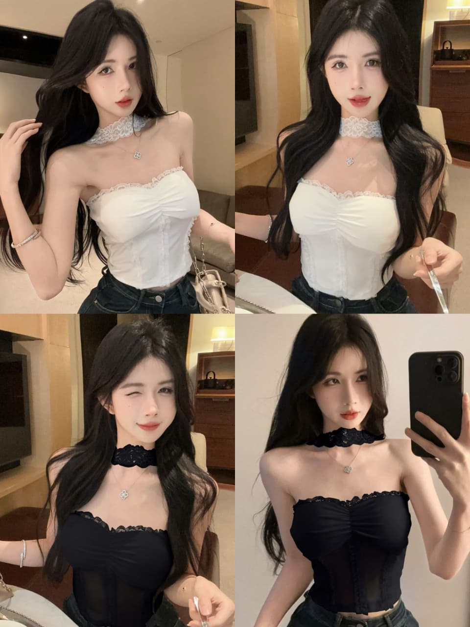 세련된 외국 가스 품격 섹시함 레이스 튜브탑 조끼 여성 여름 한국 스타일 순수한 욕망 바람 나만의 것을 가져와 라. 가슴 패드 행침 목 맨위