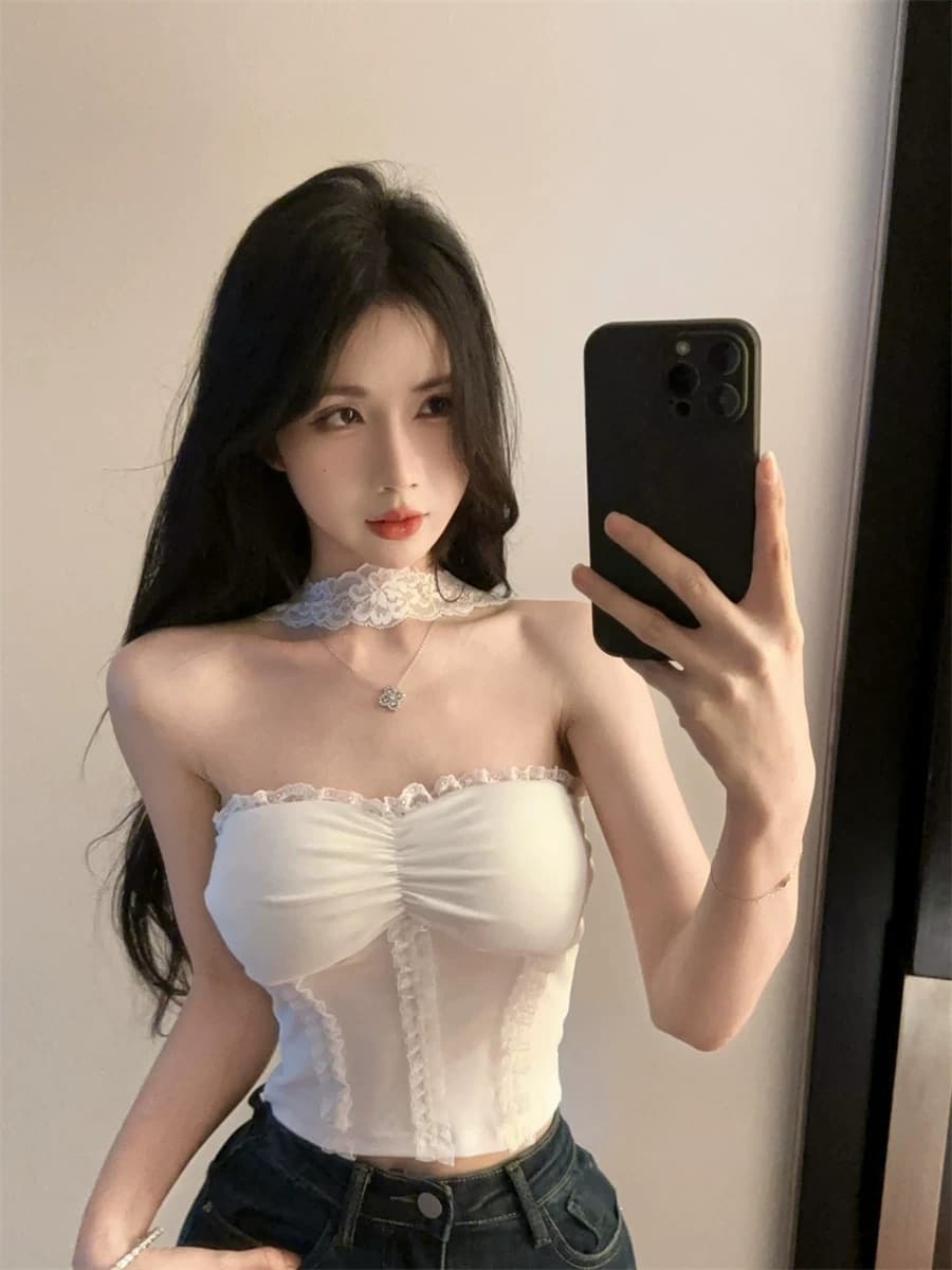 세련된 외국 가스 품격 섹시함 레이스 튜브탑 조끼 여성 여름 한국 스타일 순수한 욕망 바람 나만의 것을 가져와 라. 가슴 패드 행침 목 맨위 상세 이미지 5