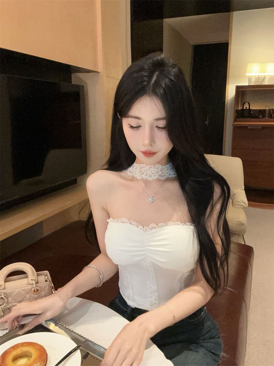 세련된 외국 가스 품격 섹시함 레이스 튜브탑 조끼 여성 여름 한국 스타일 순수한 욕망 바람 나만의 것을 가져와 라. 가슴 패드 행침 목 맨위 상세 이미지 6