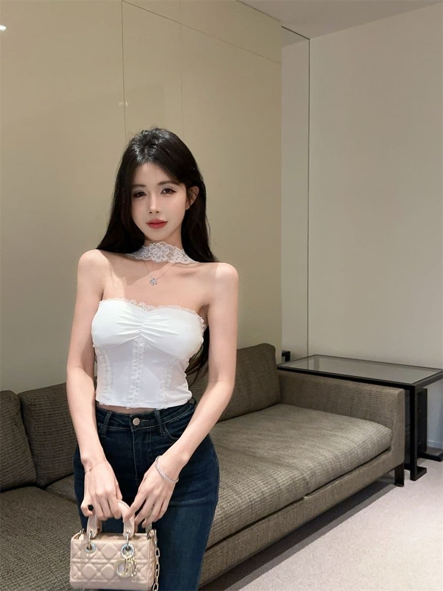 세련된 외국 가스 품격 섹시함 레이스 튜브탑 조끼 여성 여름 한국 스타일 순수한 욕망 바람 나만의 것을 가져와 라. 가슴 패드 행침 목 맨위 상세 이미지 14