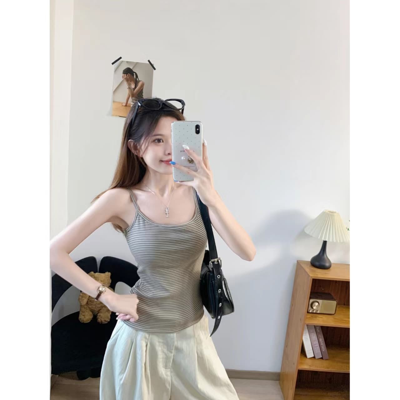 캐주얼 바람 작은 대중 디자인 만지기 면 스트라이프 캐미솔 벨트 가슴 패드 이미지 2