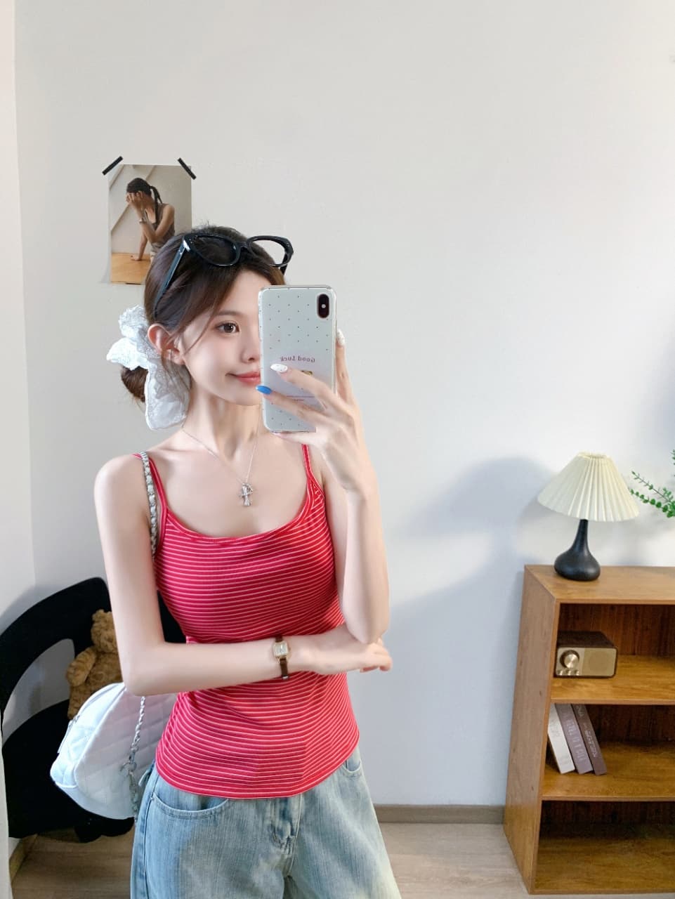 캐주얼 바람 작은 대중 디자인 만지기 면 스트라이프 캐미솔 벨트 가슴 패드 상세 이미지 11