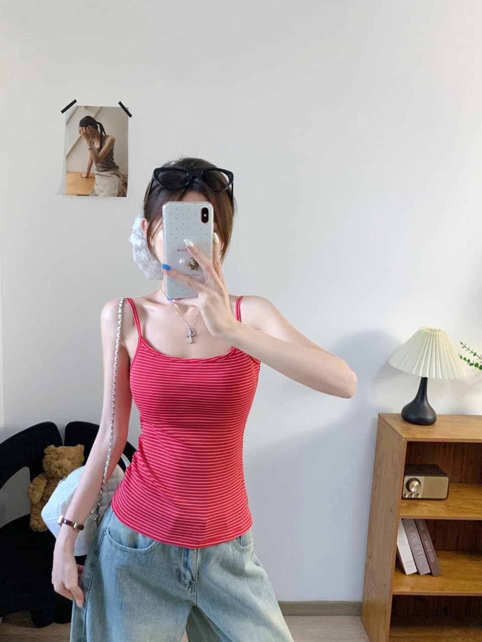 캐주얼 바람 작은 대중 디자인 만지기 면 스트라이프 캐미솔 벨트 가슴 패드 상세 이미지 14