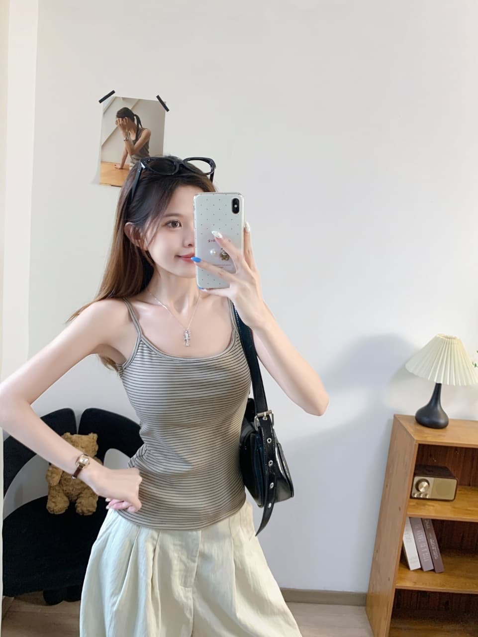캐주얼 바람 작은 대중 디자인 만지기 면 스트라이프 캐미솔 벨트 가슴 패드 상세 이미지 15