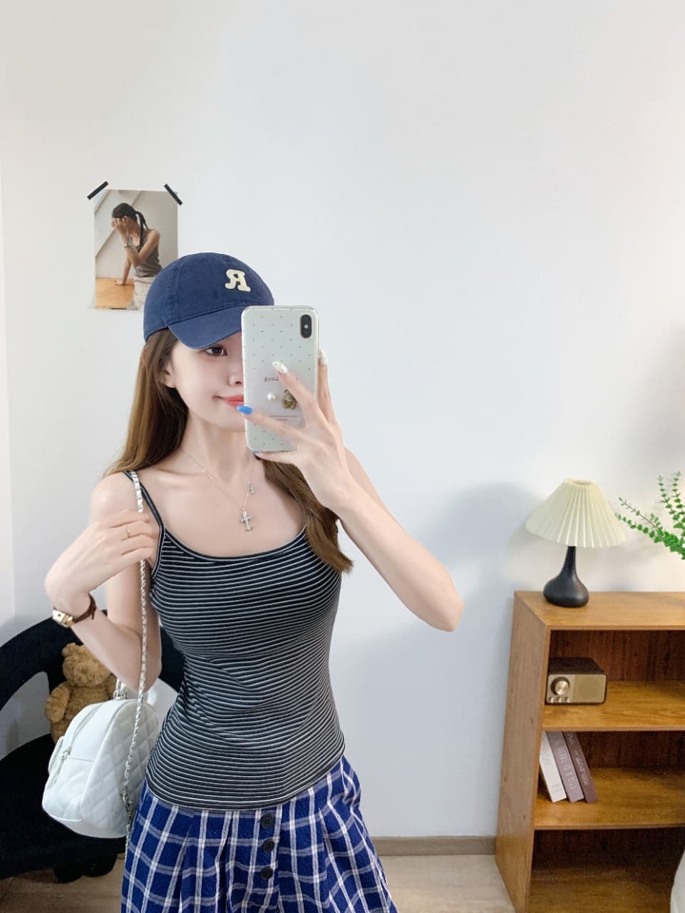 캐주얼 바람 작은 대중 디자인 만지기 면 스트라이프 캐미솔 벨트 가슴 패드 상세 이미지 19