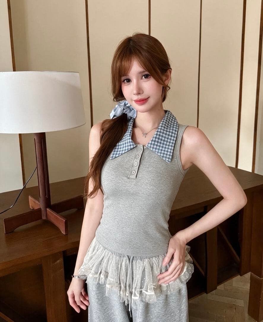 여름 상쾌 학원 스타일 분위기 센스 착용 가져 가라. 페이크 레이어드 체크무늬 폴로 칼라 민소매 조끼 이미지 3