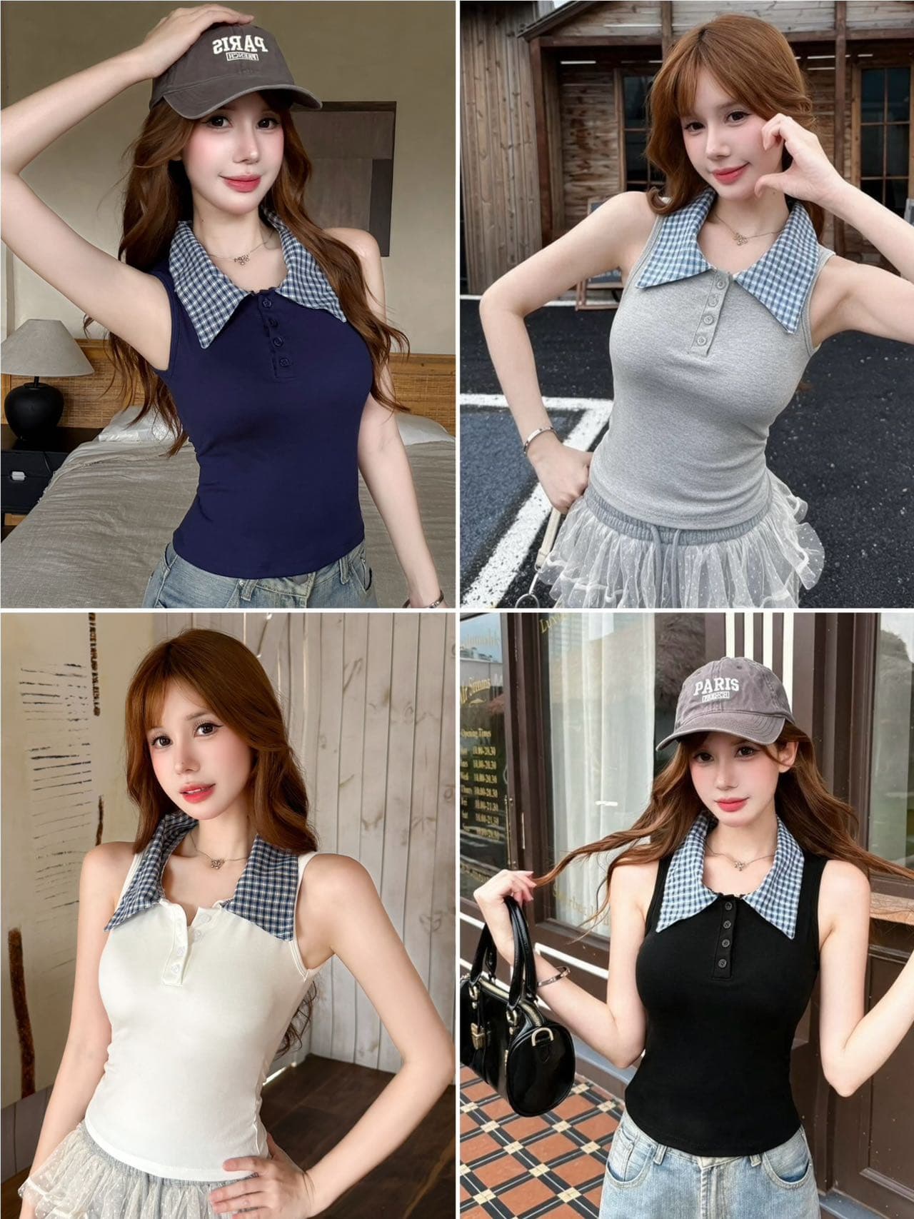 여름 상쾌 학원 스타일 분위기 센스 착용 가져 가라. 페이크 레이어드 체크무늬 폴로 칼라 민소매 조끼 상세 이미지 2