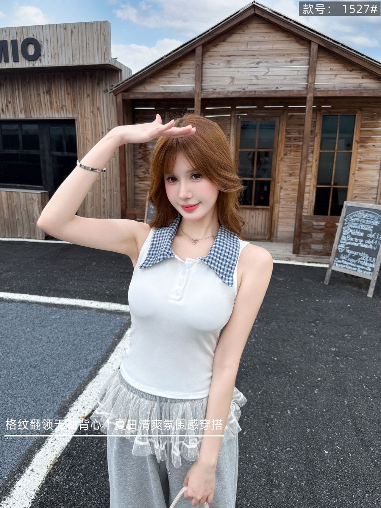 여름 상쾌 학원 스타일 분위기 센스 착용 가져 가라. 페이크 레이어드 체크무늬 폴로 칼라 민소매 조끼 상세 이미지 19