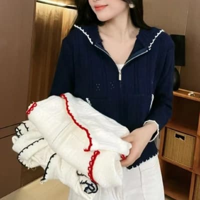 한 부서 조기 가을 홀로우 아웃 후드 화이트 니트 오픈 가디건 스웨터 여자 루즈핏 느긋한 캐주얼 얇고 가벼운 재킷 맨위 상세 이미지 1
