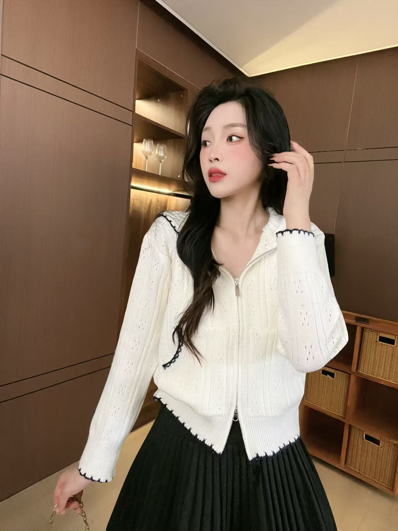 한 부서 조기 가을 홀로우 아웃 후드 화이트 니트 오픈 가디건 스웨터 여자 루즈핏 느긋한 캐주얼 얇고 가벼운 재킷 맨위 상세 이미지 2