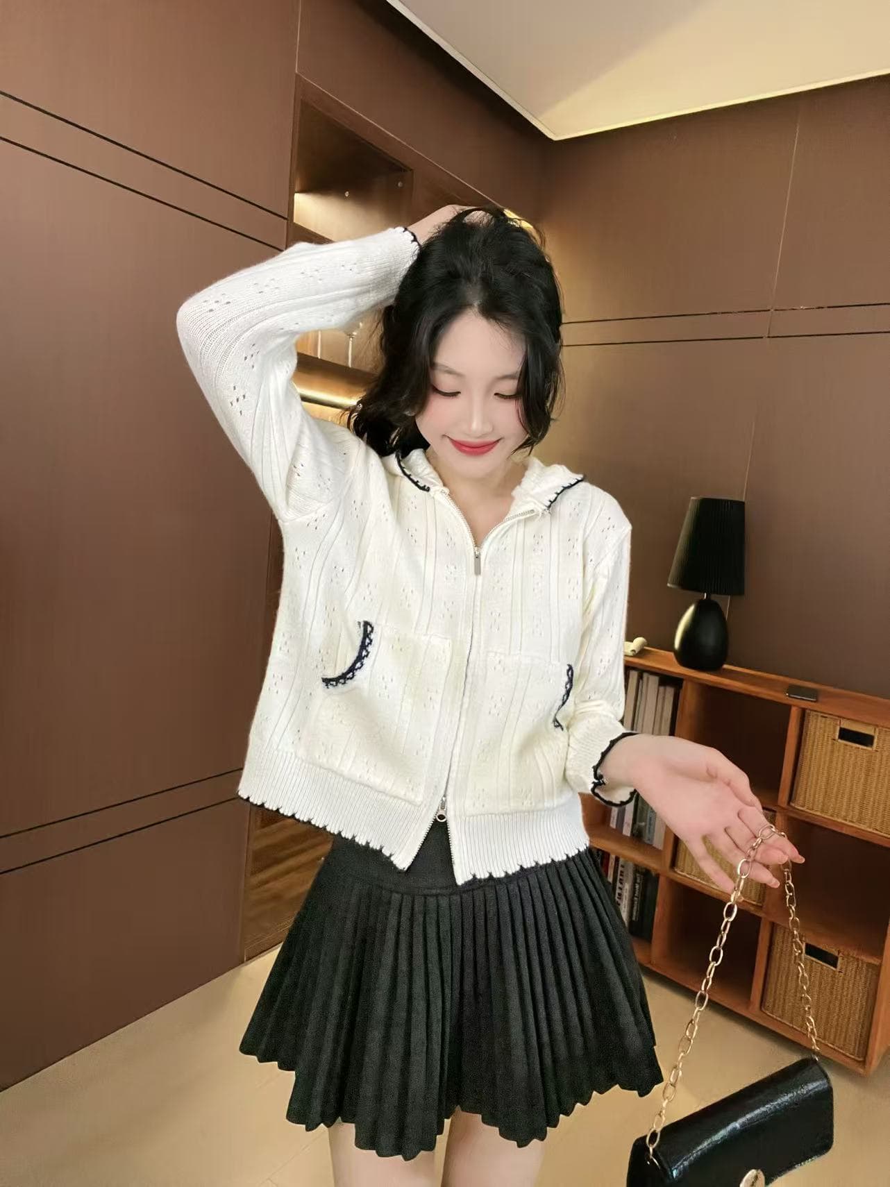 한 부서 조기 가을 홀로우 아웃 후드 화이트 니트 오픈 가디건 스웨터 여자 루즈핏 느긋한 캐주얼 얇고 가벼운 재킷 맨위 상세 이미지 4