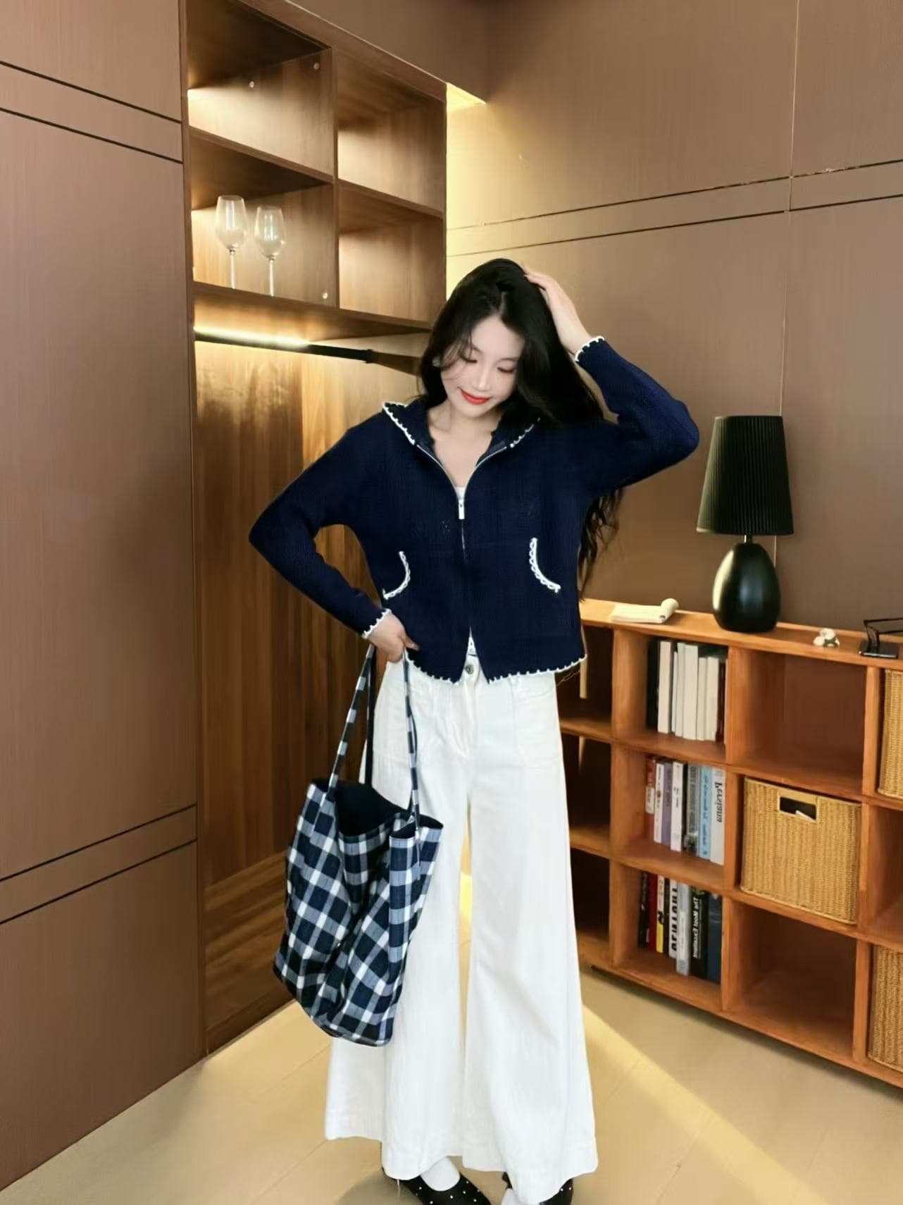 한 부서 조기 가을 홀로우 아웃 후드 화이트 니트 오픈 가디건 스웨터 여자 루즈핏 느긋한 캐주얼 얇고 가벼운 재킷 맨위 상세 이미지 5