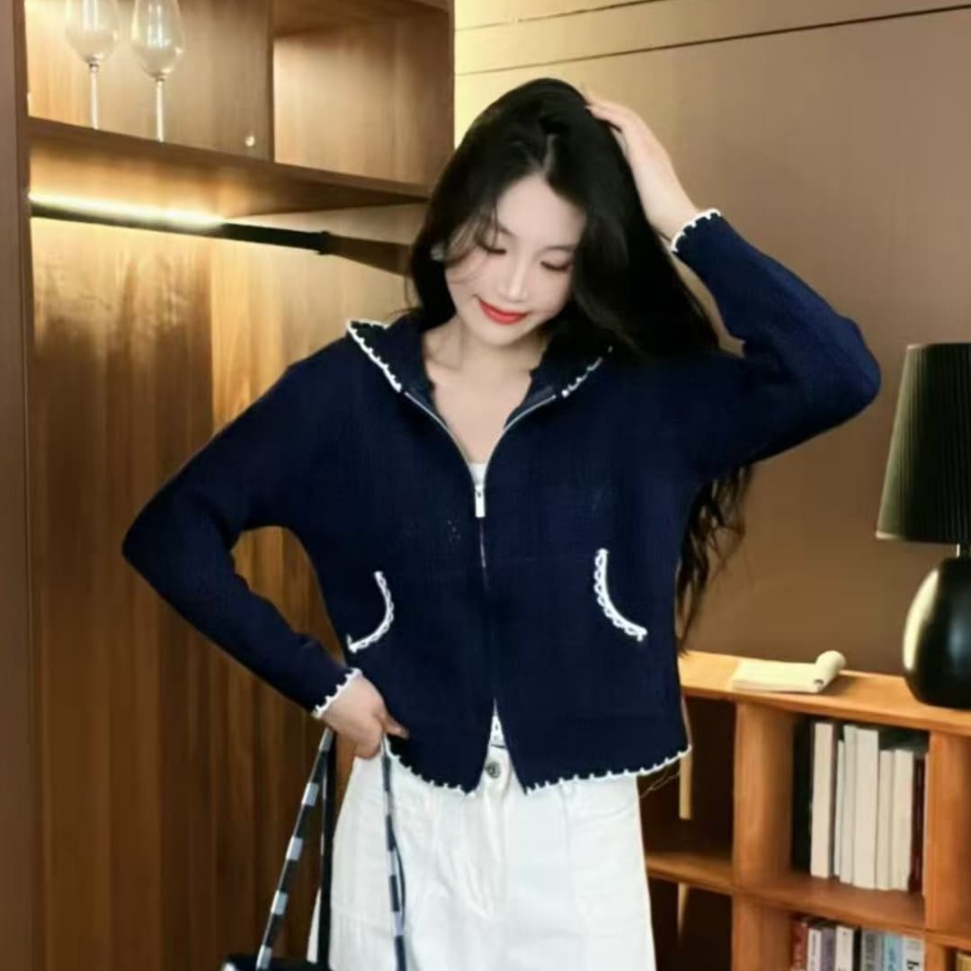 한 부서 조기 가을 홀로우 아웃 후드 화이트 니트 오픈 가디건 스웨터 여자 루즈핏 느긋한 캐주얼 얇고 가벼운 재킷 맨위 상세 이미지 6