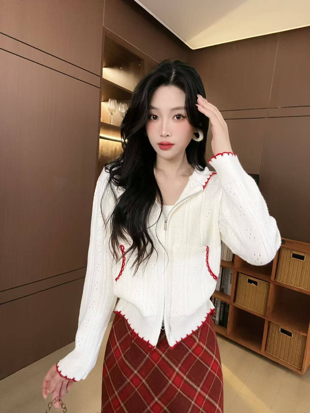 한 부서 조기 가을 홀로우 아웃 후드 화이트 니트 오픈 가디건 스웨터 여자 루즈핏 느긋한 캐주얼 얇고 가벼운 재킷 맨위 상세 이미지 7