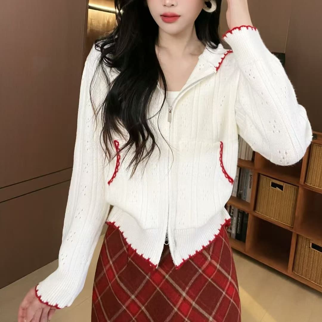 한 부서 조기 가을 홀로우 아웃 후드 화이트 니트 오픈 가디건 스웨터 여자 루즈핏 느긋한 캐주얼 얇고 가벼운 재킷 맨위 상세 이미지 8