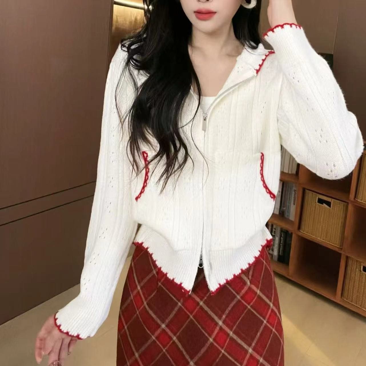 한 부서 조기 가을 홀로우 아웃 후드 화이트 니트 오픈 가디건 스웨터 여자 루즈핏 느긋한 캐주얼 얇고 가벼운 재킷 맨위 상세 이미지 12