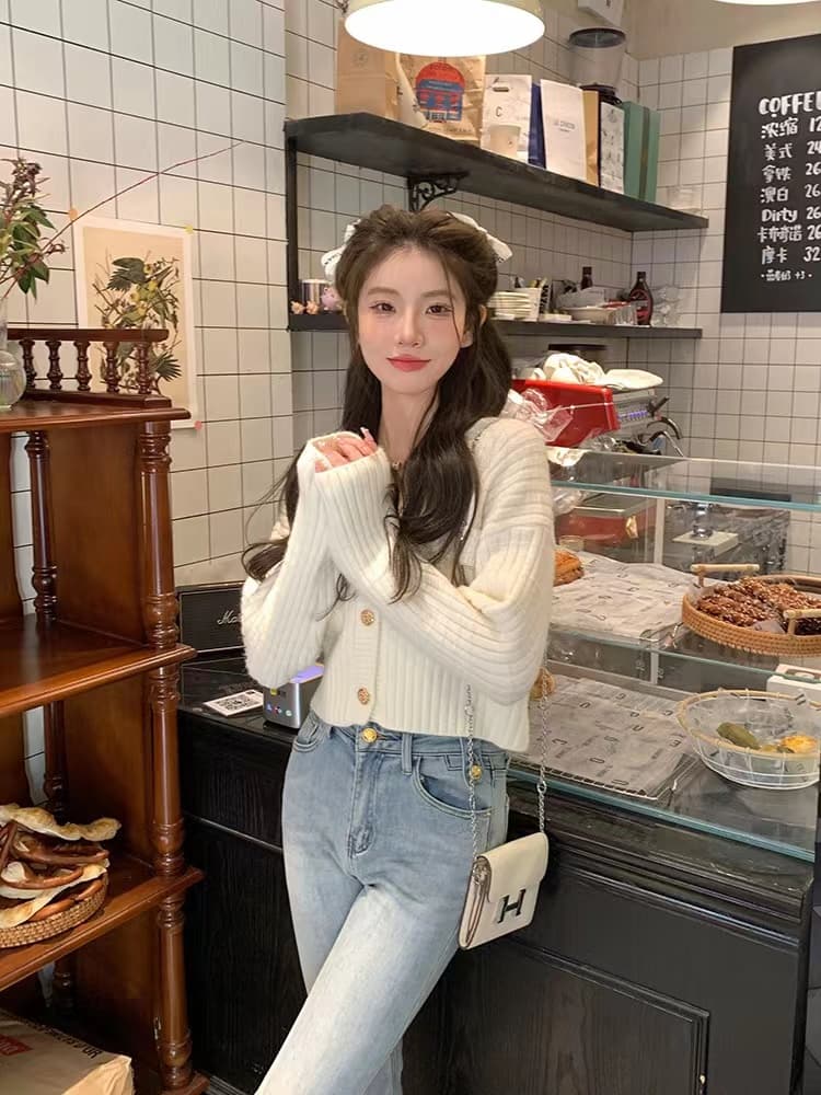 한 부서 쇼트 스타일 스웨터 여성 코트 봄 가을 하늘색 작은 키 품격 와이드 부드러운 찹쌀 니트 오픈 가디건 외출용 이미지 2