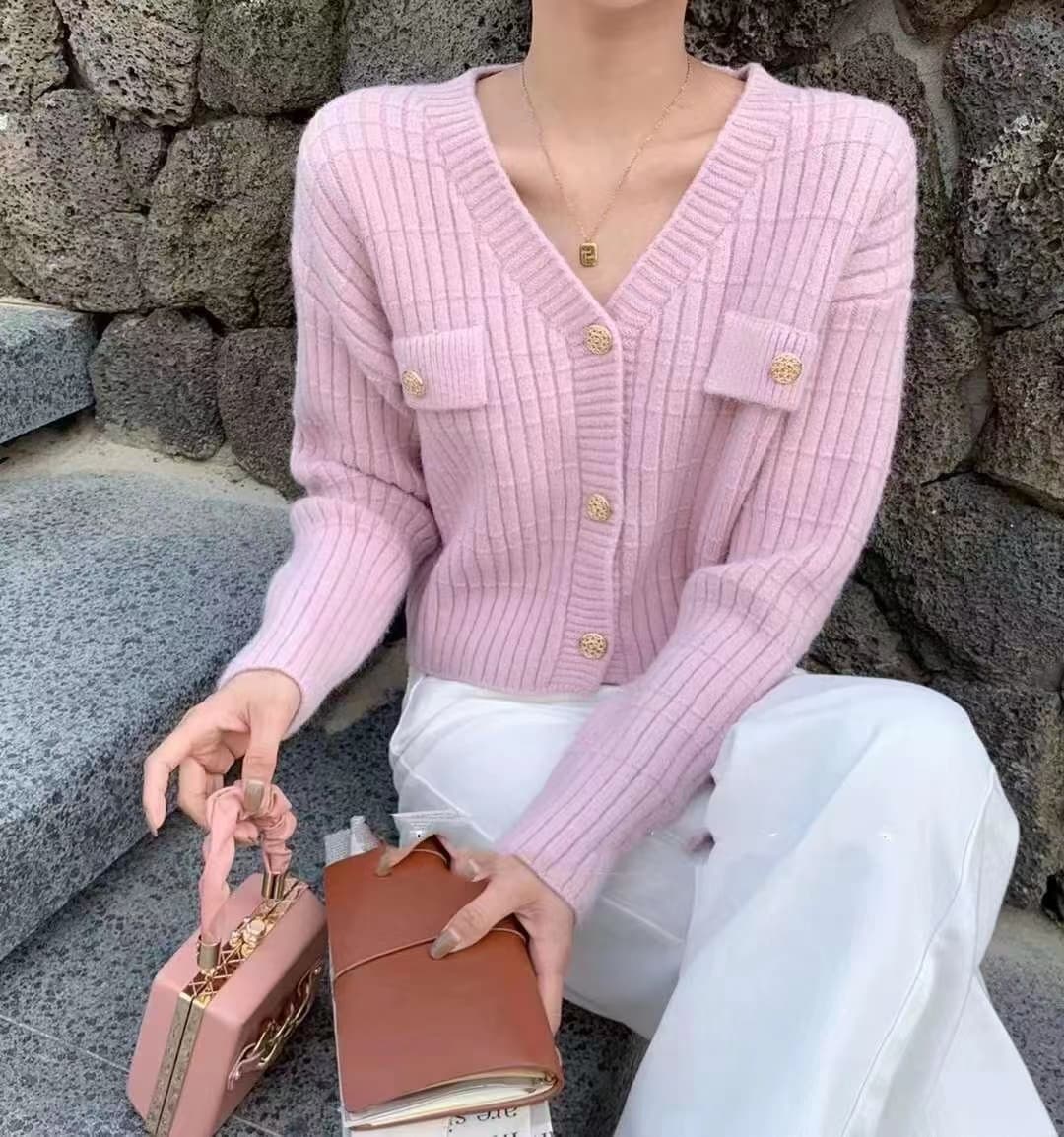 한 부서 쇼트 스타일 스웨터 여성 코트 봄 가을 하늘색 작은 키 품격 와이드 부드러운 찹쌀 니트 오픈 가디건 외출용 상세 이미지 4