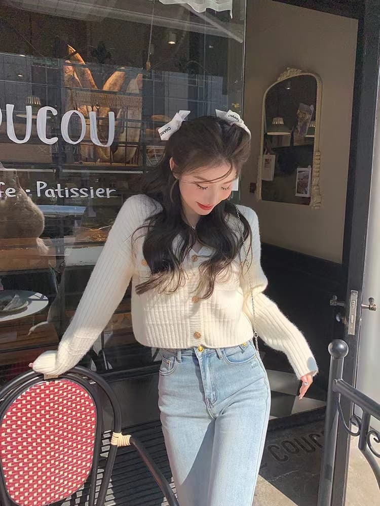 한 부서 쇼트 스타일 스웨터 여성 코트 봄 가을 하늘색 작은 키 품격 와이드 부드러운 찹쌀 니트 오픈 가디건 외출용 상세 이미지 9