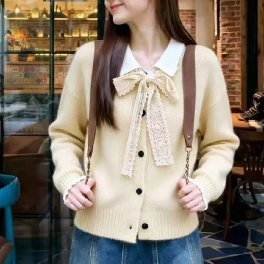 한 부서 가을 겨울 새로운 레이스 레이스업 폴로 칼라 스웨터 코트 여성 의류 루즈핏 느긋한 두꺼운 니트 오픈 가디건 이미지 3