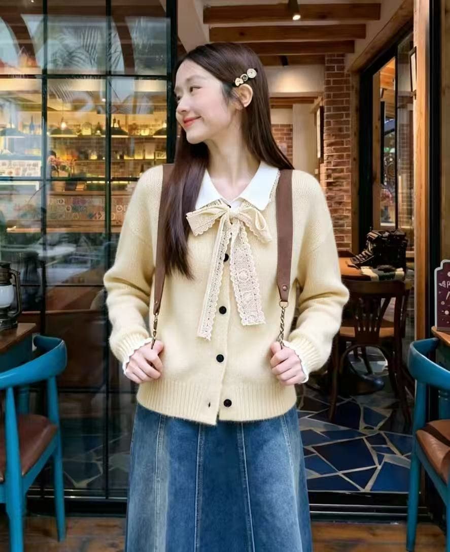 한 부서 가을 겨울 새로운 레이스 레이스업 폴로 칼라 스웨터 코트 여성 의류 루즈핏 느긋한 두꺼운 니트 오픈 가디건 상세 이미지 2