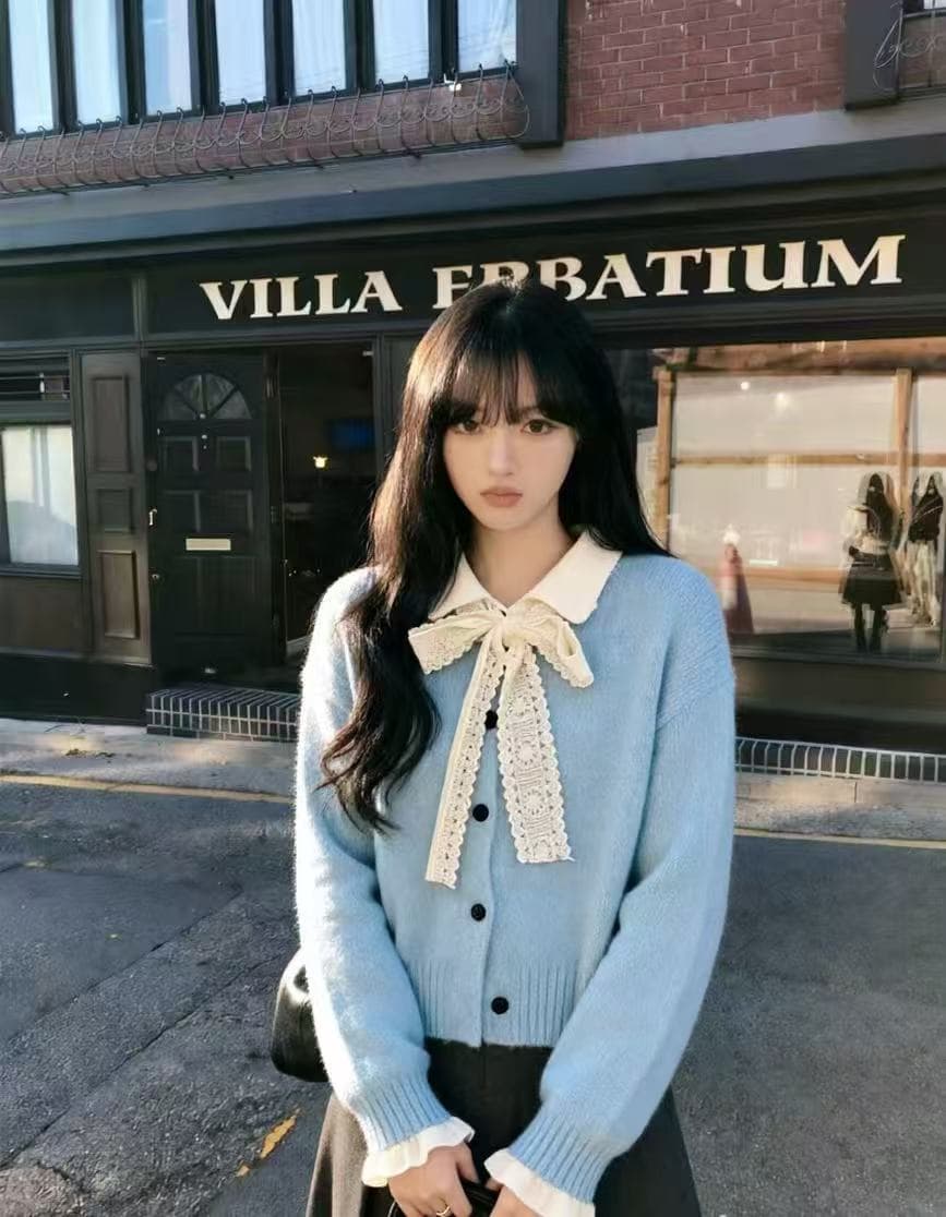 한 부서 가을 겨울 새로운 레이스 레이스업 폴로 칼라 스웨터 코트 여성 의류 루즈핏 느긋한 두꺼운 니트 오픈 가디건 상세 이미지 3