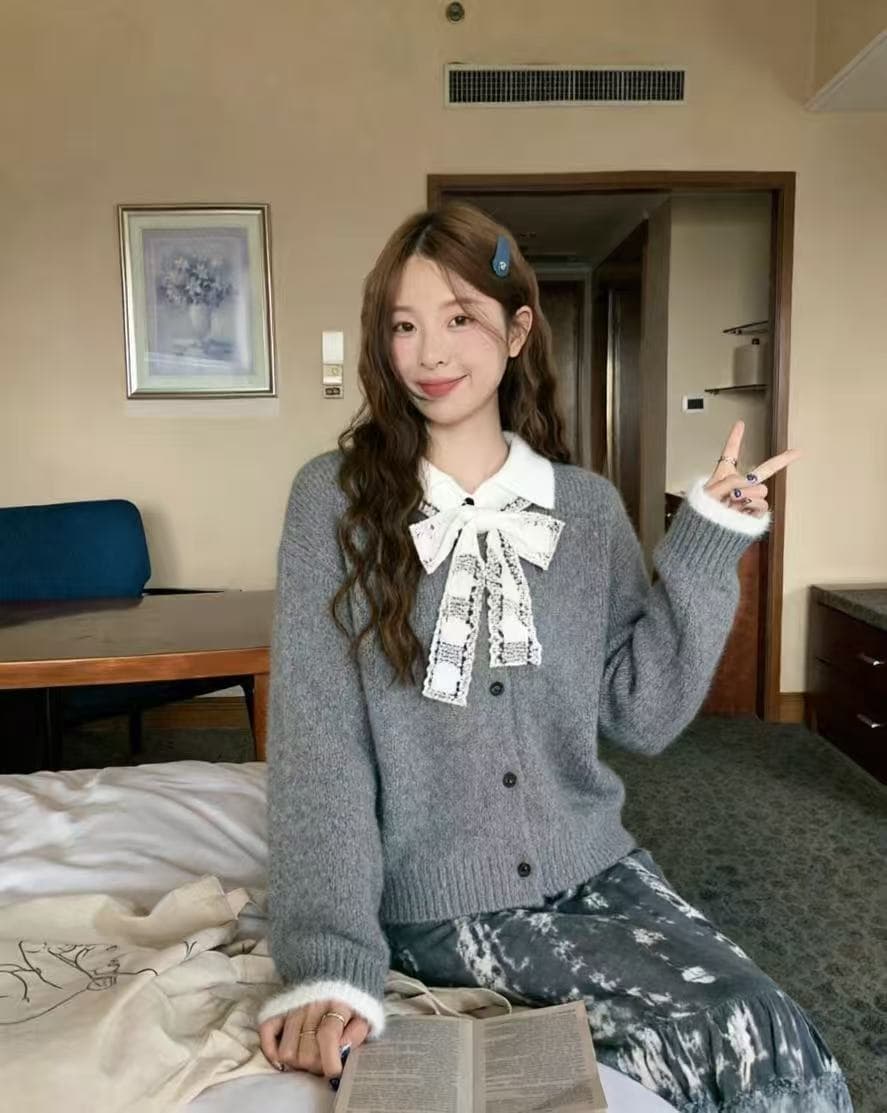 한 부서 가을 겨울 새로운 레이스 레이스업 폴로 칼라 스웨터 코트 여성 의류 루즈핏 느긋한 두꺼운 니트 오픈 가디건 상세 이미지 4