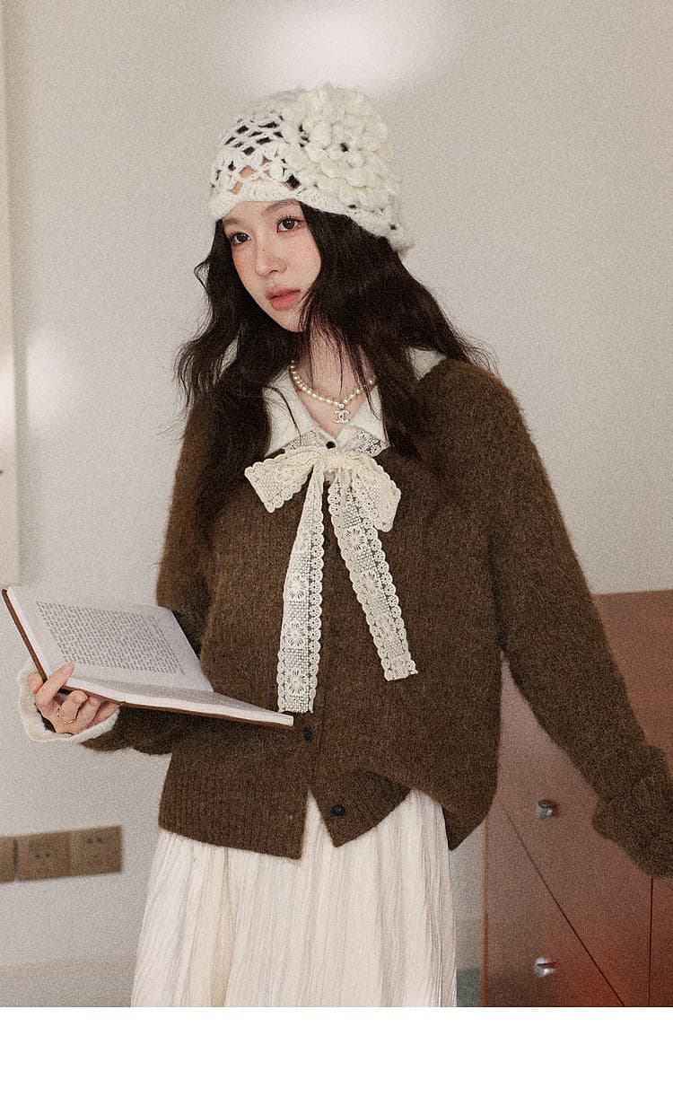 한 부서 가을 겨울 새로운 레이스 레이스업 폴로 칼라 스웨터 코트 여성 의류 루즈핏 느긋한 두꺼운 니트 오픈 가디건 상세 이미지 7