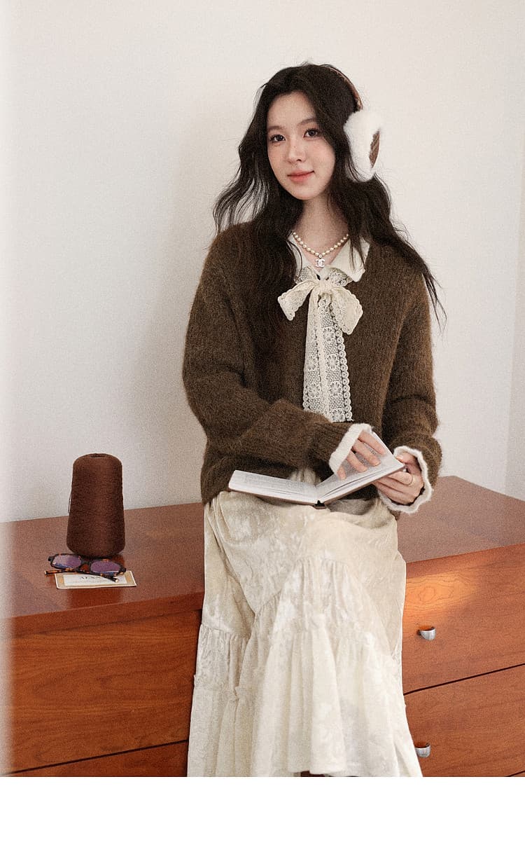 한 부서 가을 겨울 새로운 레이스 레이스업 폴로 칼라 스웨터 코트 여성 의류 루즈핏 느긋한 두꺼운 니트 오픈 가디건 상세 이미지 19