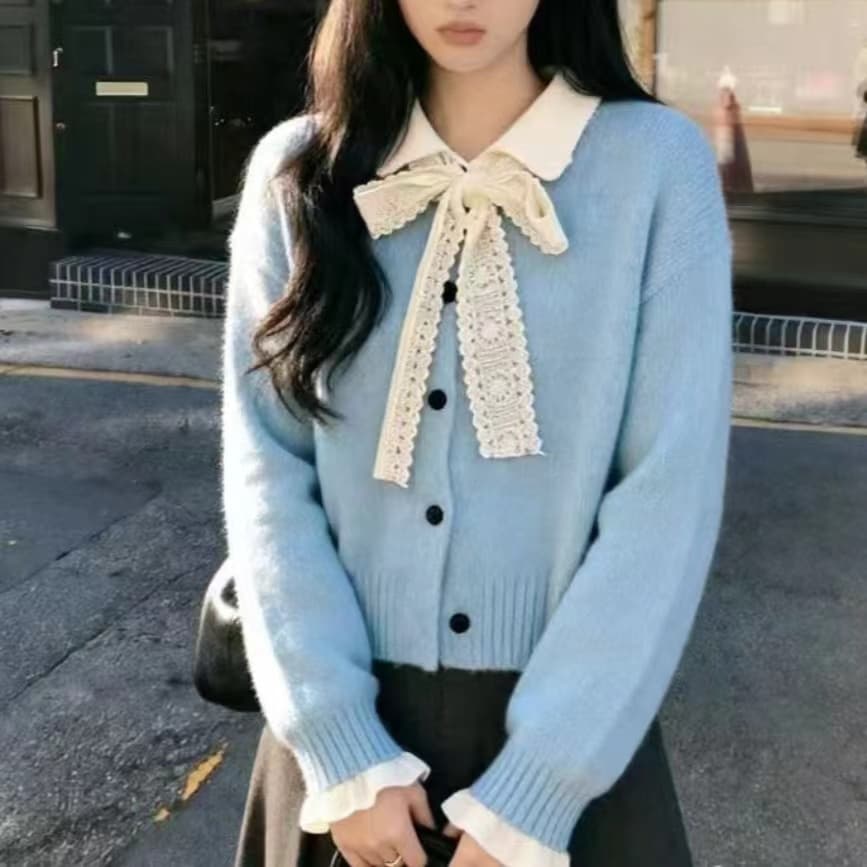 한 부서 가을 겨울 새로운 레이스 레이스업 폴로 칼라 스웨터 코트 여성 의류 루즈핏 느긋한 두꺼운 니트 오픈 가디건 상세 이미지 21