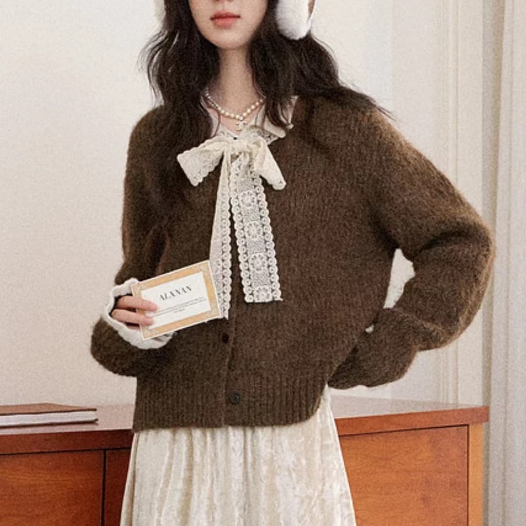 한 부서 가을 겨울 새로운 레이스 레이스업 폴로 칼라 스웨터 코트 여성 의류 루즈핏 느긋한 두꺼운 니트 오픈 가디건 상세 이미지 22