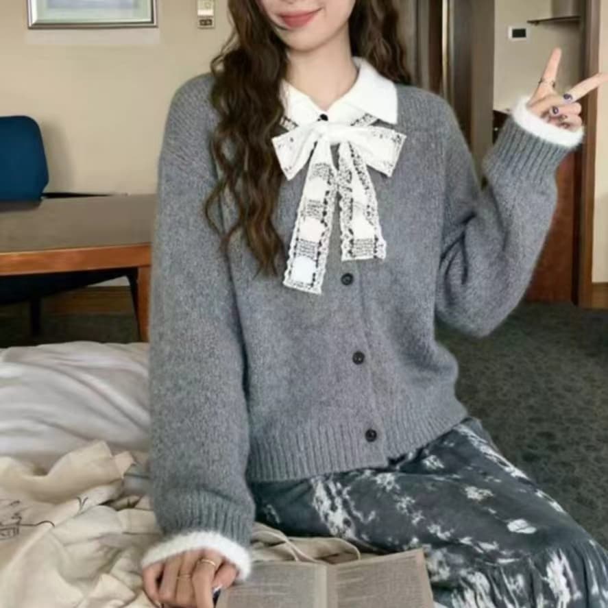 한 부서 가을 겨울 새로운 레이스 레이스업 폴로 칼라 스웨터 코트 여성 의류 루즈핏 느긋한 두꺼운 니트 오픈 가디건 상세 이미지 24