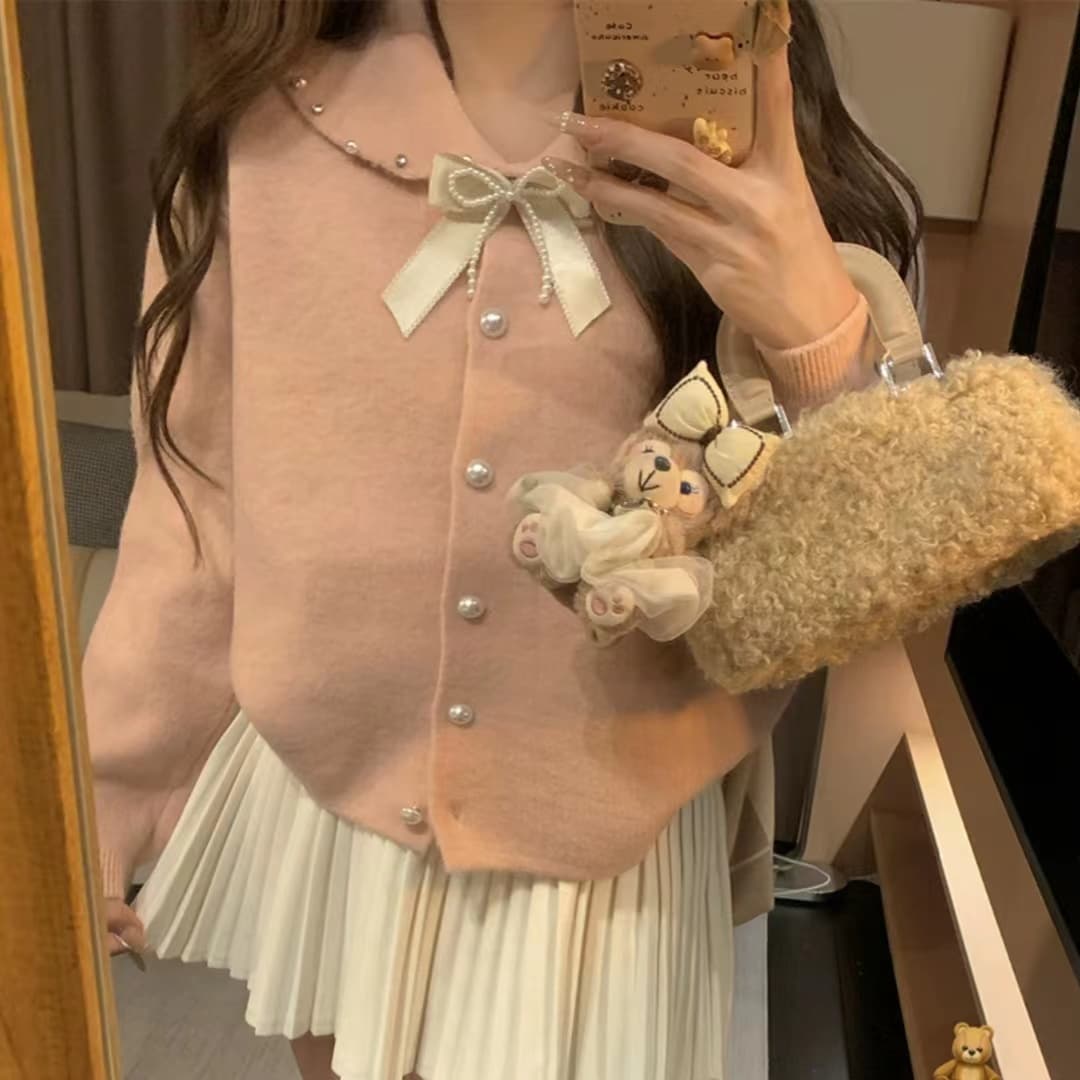 한 부서 달콤함 나비 매듭 네클라인 니트 오픈 가디건 여성 봄 가을 새로운 디자인 센스 Chic 쇼트 스타일 맨위 이미지 3